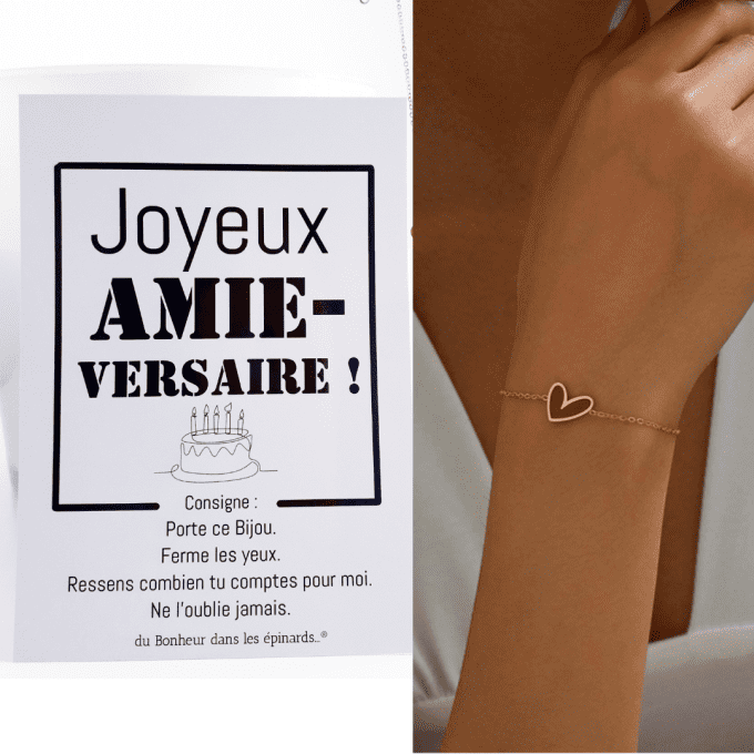 CARTE AMIE-VERSAIRE + 1 BRACELET COEUR - A08