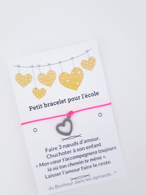 CARTE + 1 BRACELET COEUR ARGENTE- POUR L'ECOLE - 20 coloris - D18 